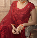 Ruby Red Designer Heavy Embroidered Net Wedding Lehenga-Saira's Boutique
