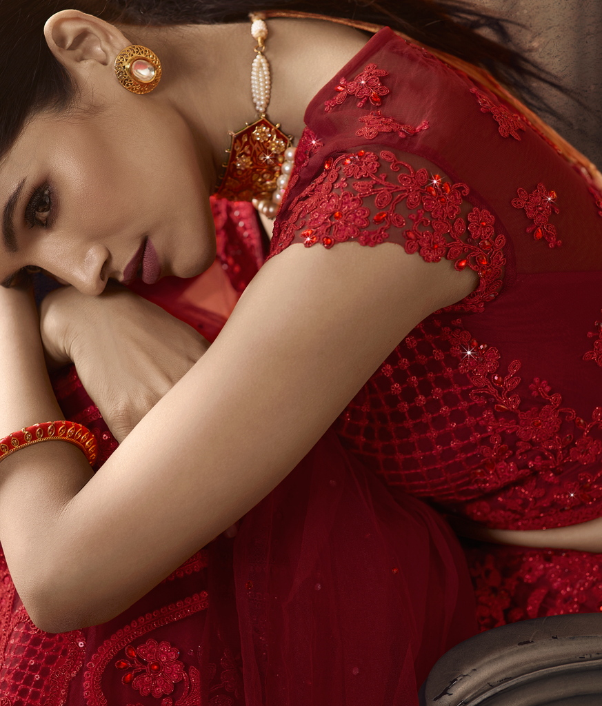 Ruby Red Designer Heavy Embroidered Net Wedding Lehenga-Saira's Boutique