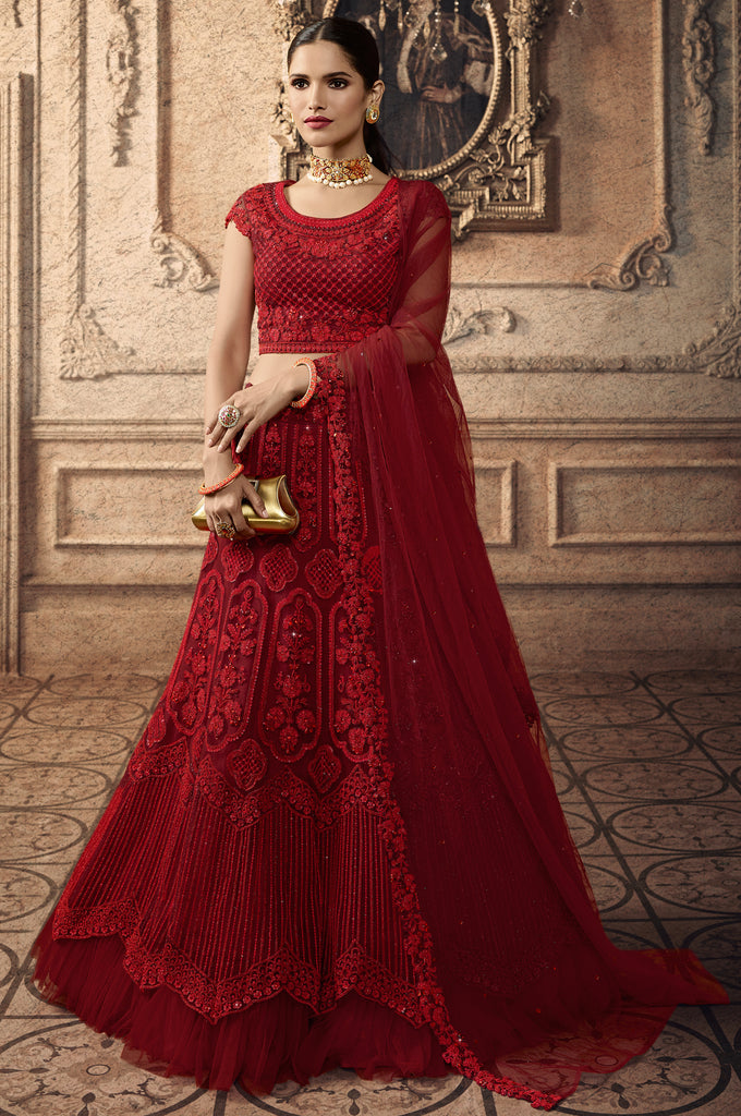 Ruby Red Designer Heavy Embroidered Net Wedding Lehenga-Saira's Boutique