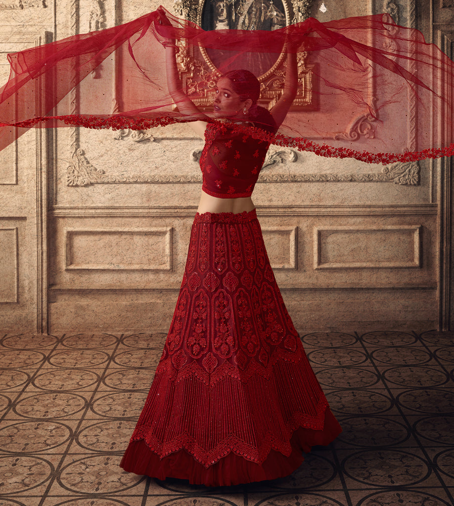 Ruby Red Designer Heavy Embroidered Net Wedding Lehenga-Saira's Boutique