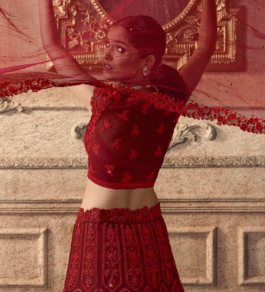 Ruby Red Designer Heavy Embroidered Net Wedding Lehenga-Saira's Boutique