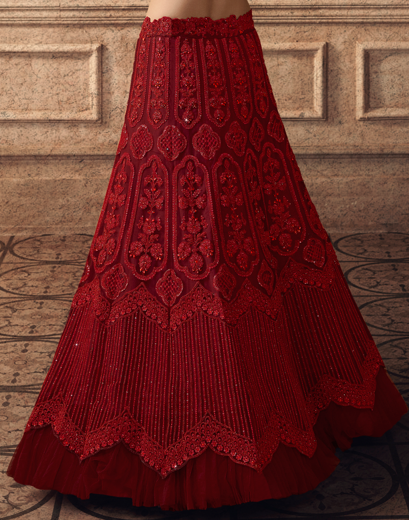 Ruby Red Designer Heavy Embroidered Net Wedding Lehenga-Saira's Boutique