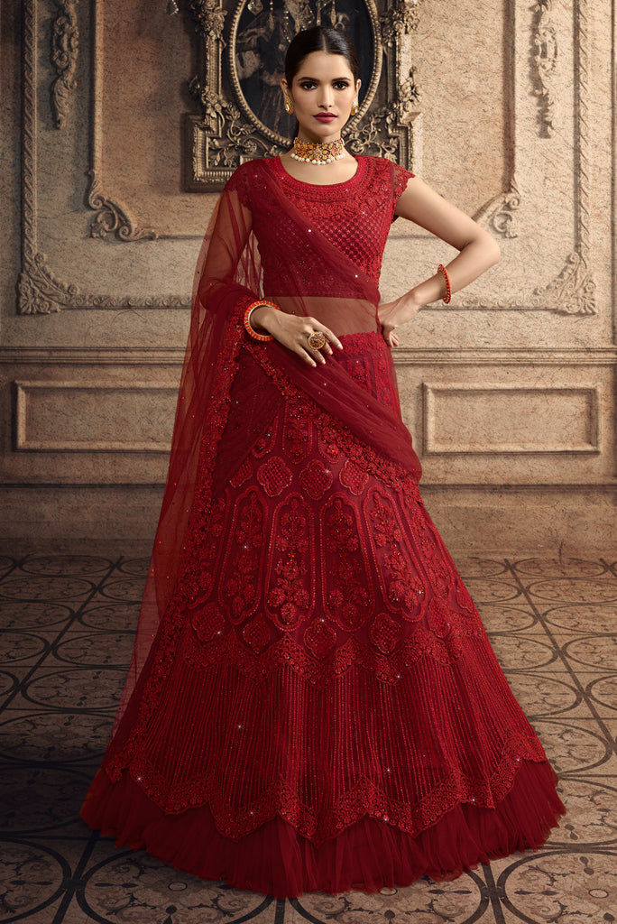 Ruby Red Designer Heavy Embroidered Net Wedding Lehenga-Saira's Boutique