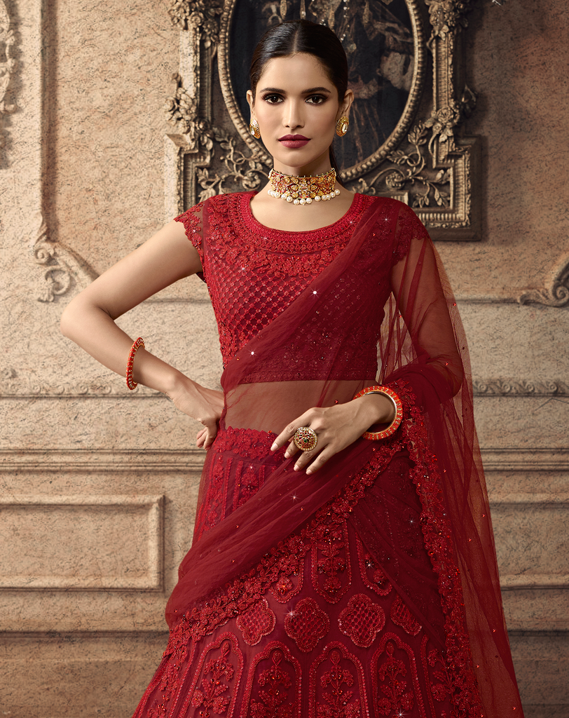 Ruby Red Designer Heavy Embroidered Net Wedding Lehenga-Saira's Boutique