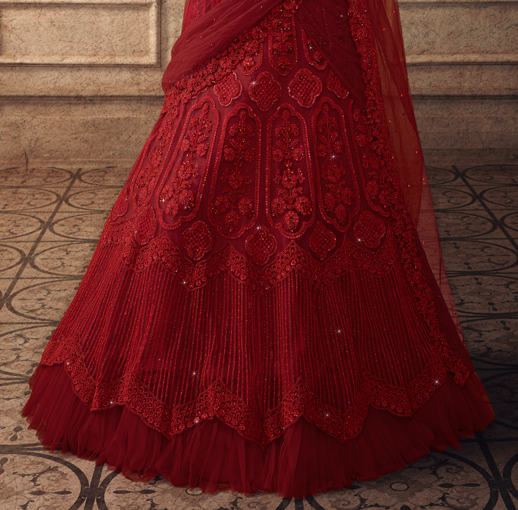 Ruby Red Designer Heavy Embroidered Net Wedding Lehenga-Saira's Boutique