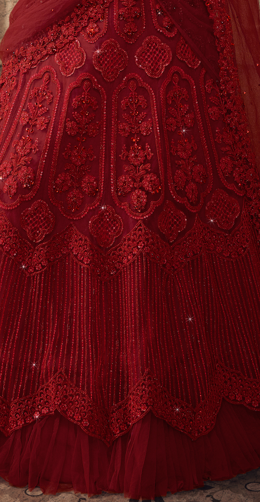 Ruby Red Designer Heavy Embroidered Net Wedding Lehenga-Saira's Boutique