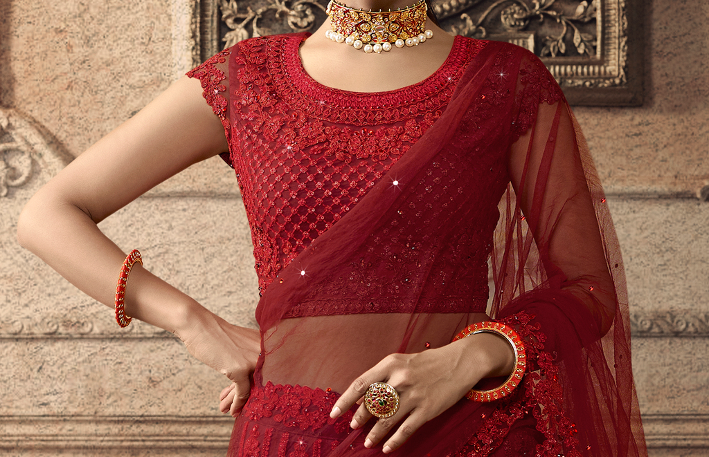 Ruby Red Designer Heavy Embroidered Net Wedding Lehenga-Saira's Boutique