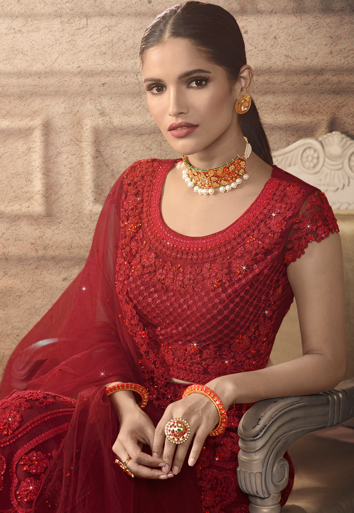 Ruby Red Designer Heavy Embroidered Net Wedding Lehenga-Saira's Boutique