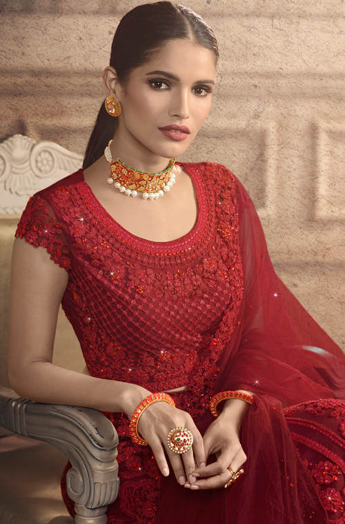 Ruby Red Designer Heavy Embroidered Net Wedding Lehenga-Saira's Boutique