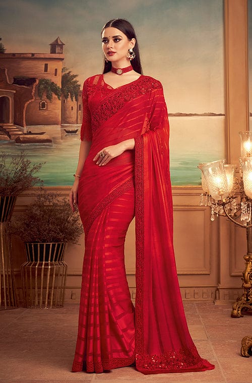 Rust Red Designer Embroidered Silk Party Wear Saree