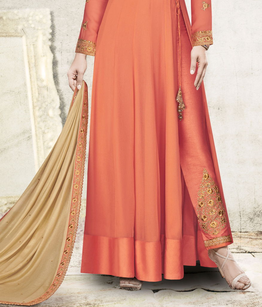 Rust Orange & Beige Designer Embroidered Georgette Anarkali Suit-Saira's Boutique