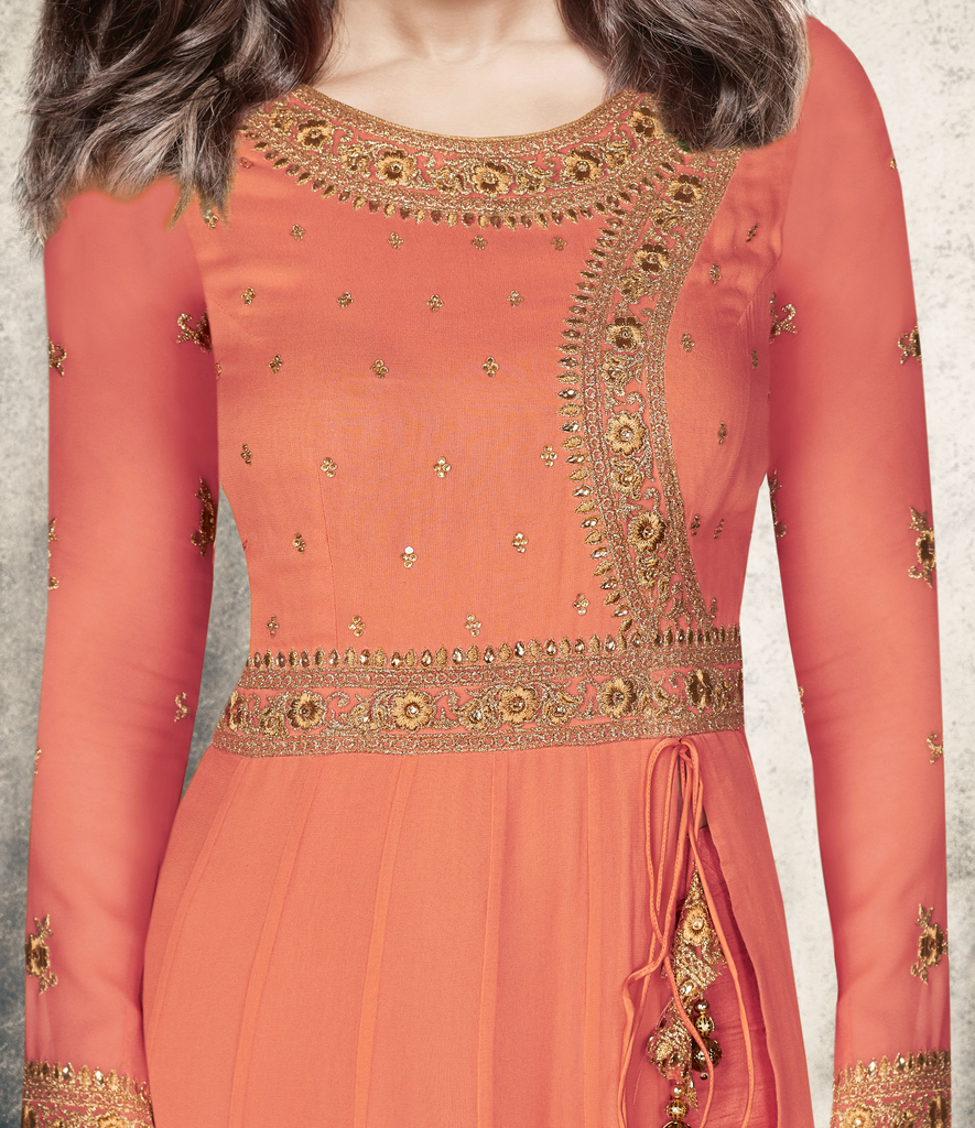 Rust Orange & Beige Designer Embroidered Georgette Anarkali Suit-Saira's Boutique