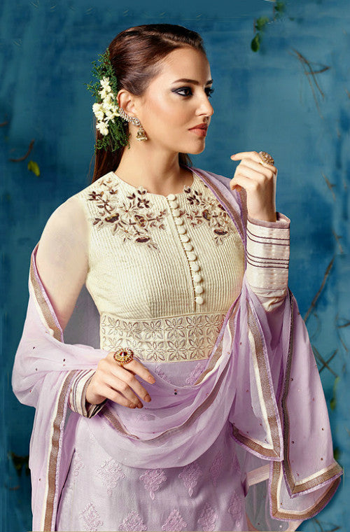 Lavender Chiffon Embroidered Straight Suit-Saira's Boutique