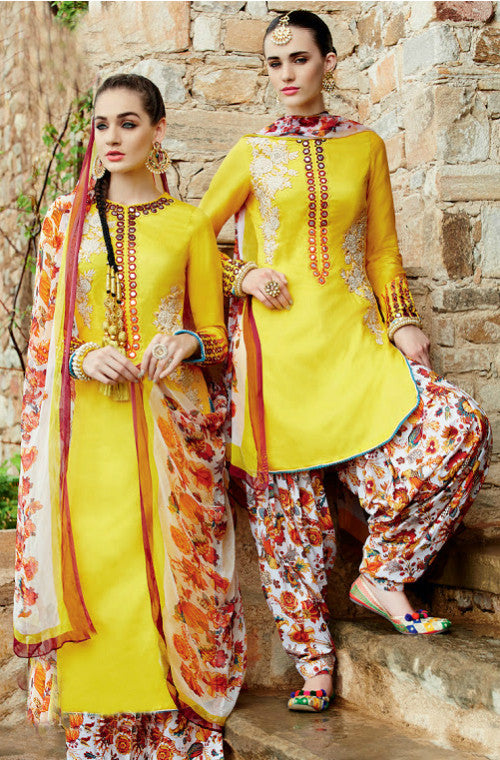 Yellow Pure Cotton Satin Patiala Suit-Saira's Boutique