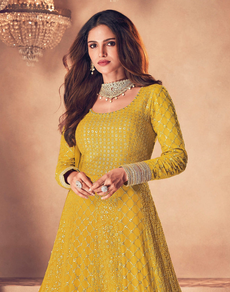 Saffron Yellow Designer Embroidered Wedding Anarkali Suit Saira s Boutique