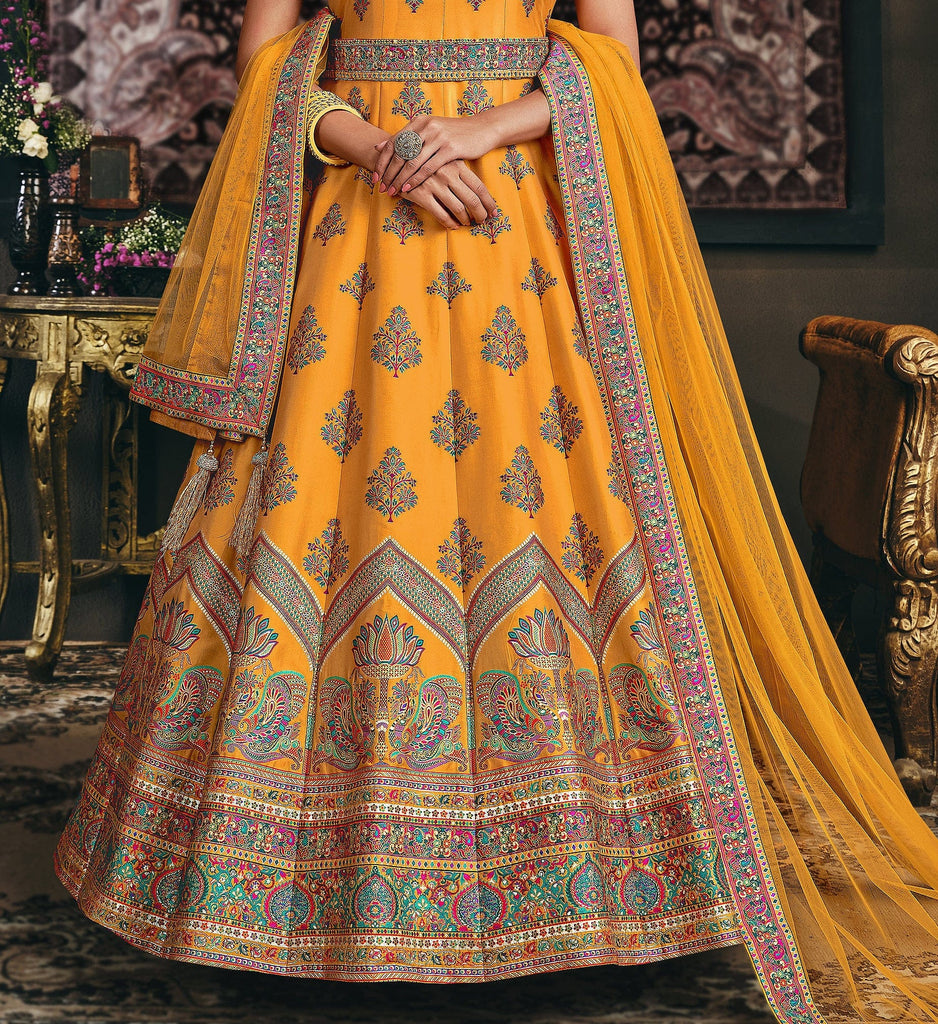 Saffron Yellow Designer Jacquard Silk Party Wear Anarkali Gown-Saira's Boutique