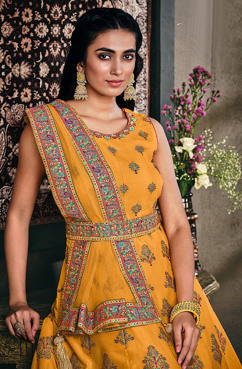 Saffron Yellow Designer Jacquard Silk Party Wear Anarkali Gown-Saira's Boutique