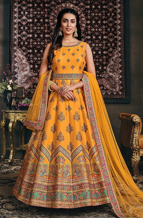 Viscose Chinon Embroidered Yellow Hand Work Designer Gown For Haldi  Ceremony at Rs 2285/piece in Surat