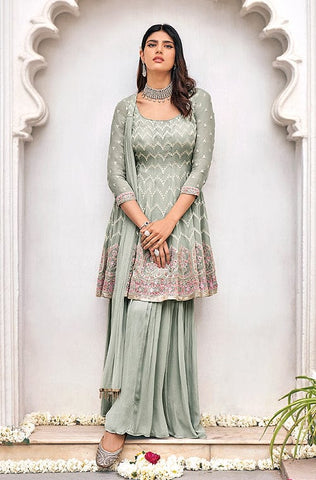 Pale Mustard Designer Embroidered Heavy Chinon Party Wear Sharara Suit