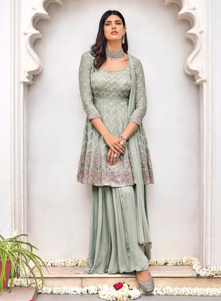 Sage Gray Designer Embroidered Party Wear Sharara Suit-Saira's Boutique