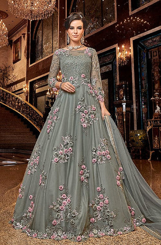 Designer Cream Color Jacquard Gown With Floral Print Designs