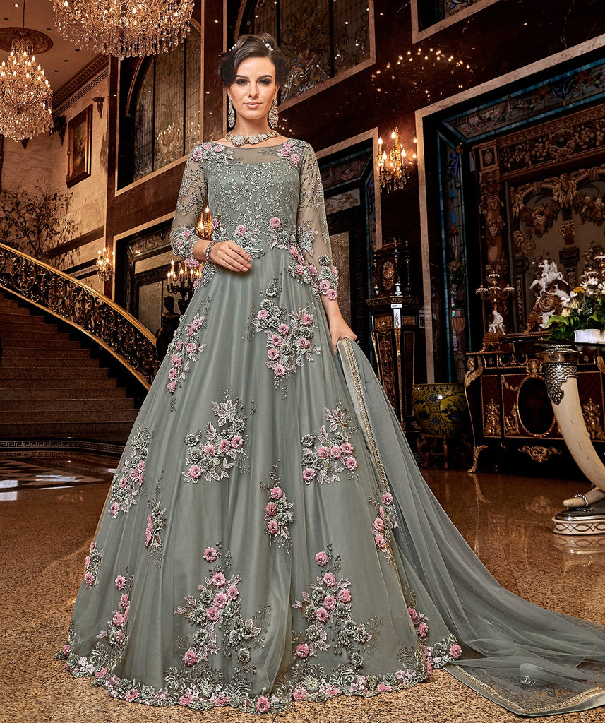 Sage Gray Designer Heavy Embroidered Net Wedding Anarkali Gown-Saira's Boutique