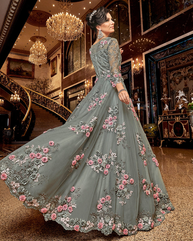 Sage Gray Designer Heavy Embroidered Net Wedding Anarkali Gown-Saira's Boutique