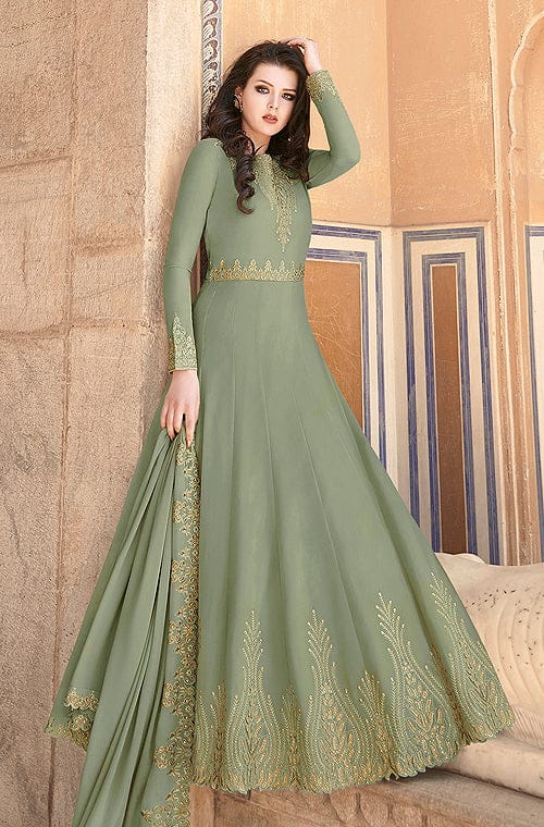 Anarkali Gown Party Wear Dresses In Green Colour Sage Green