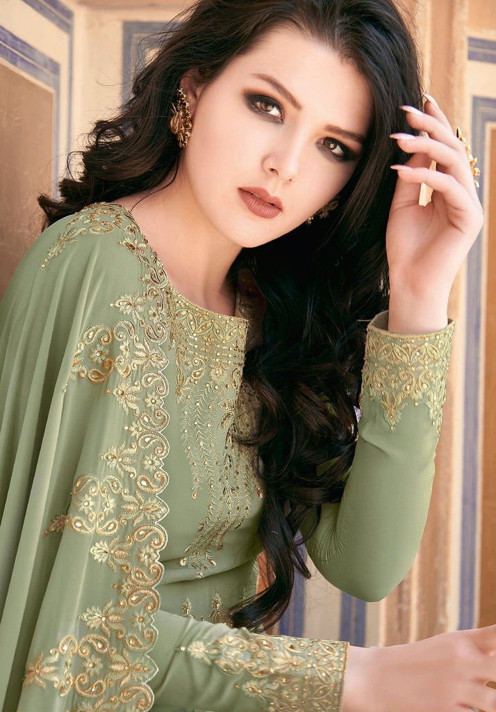 Sage Green Designer Embroidered Party Wear Anarkali Suit-Saira's Boutique
