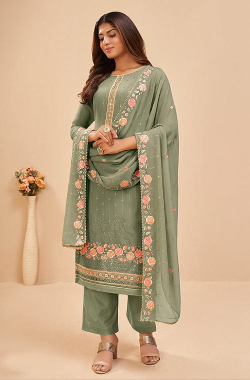 Sage Green Designer Embroidered Party Wear Georgette Pant Suit