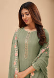 Sage Green Designer Embroidered Party Wear Georgette Pant Suit-Saira's Boutique