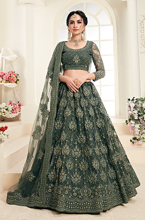 Best Fit Stone Work Embroidered Net Sage Green Saree