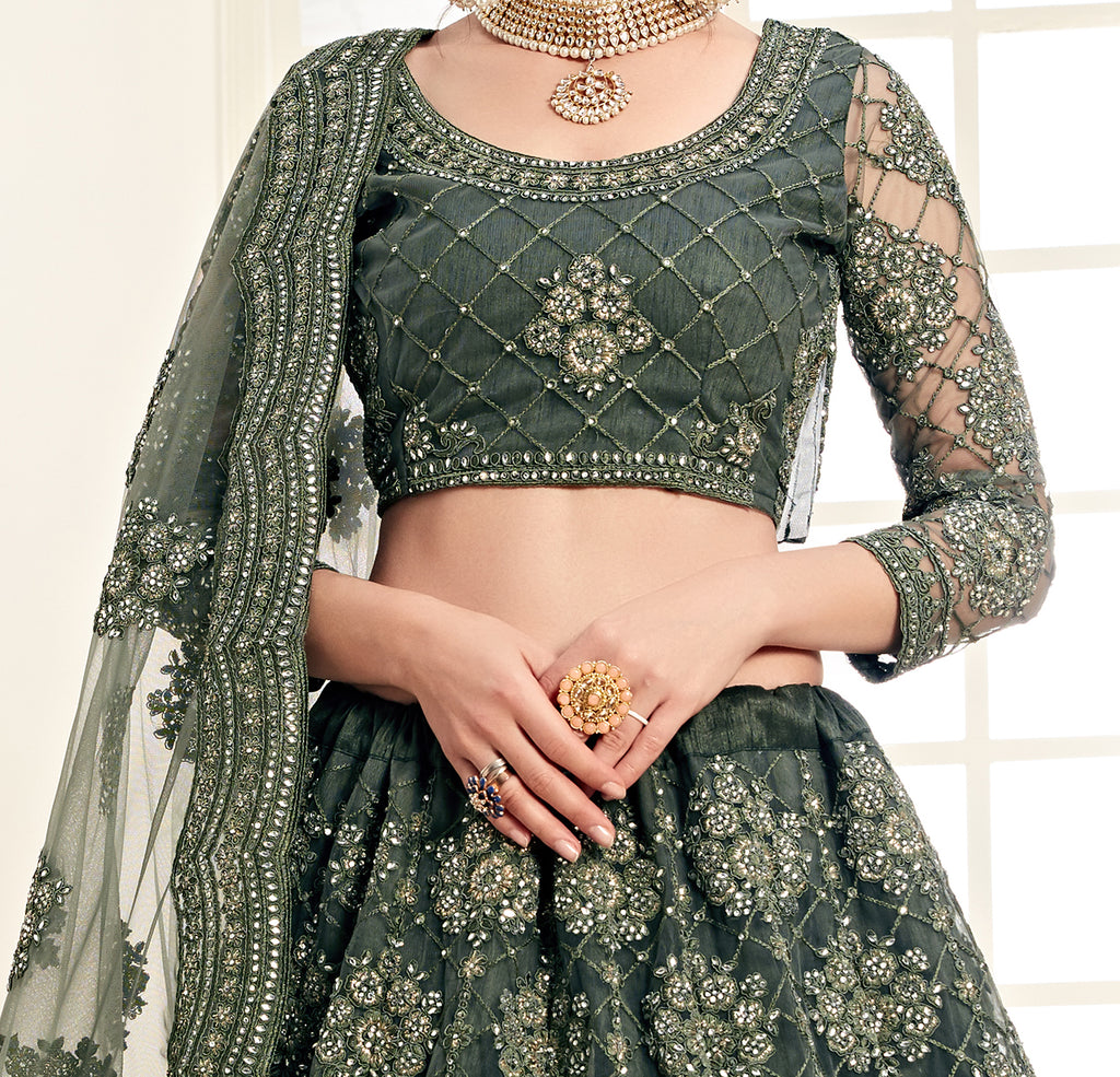 Sage Green Designer Heavy Embroidered Bridal Lehenga-Saira's Boutique