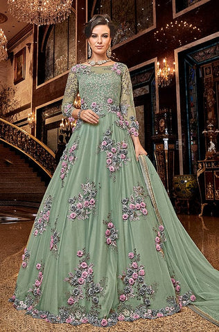 Pixie Green Designer Embroidered Georgette Chinon Silk Anarkali Gown