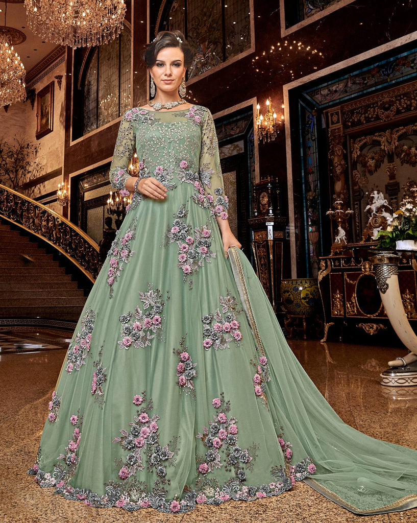 Sage Green Designer Heavy Embroidered Net Wedding Anarkali Gown-Saira's Boutique