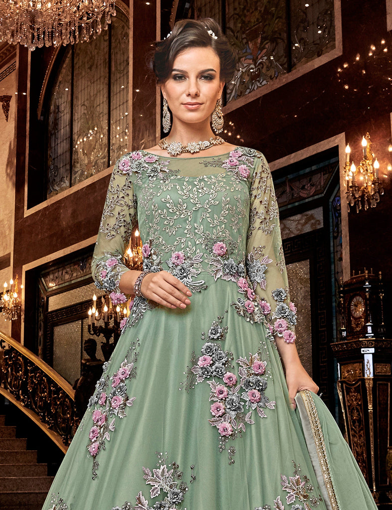 Sage Green Designer Heavy Embroidered Net Wedding Anarkali Gown-Saira's Boutique