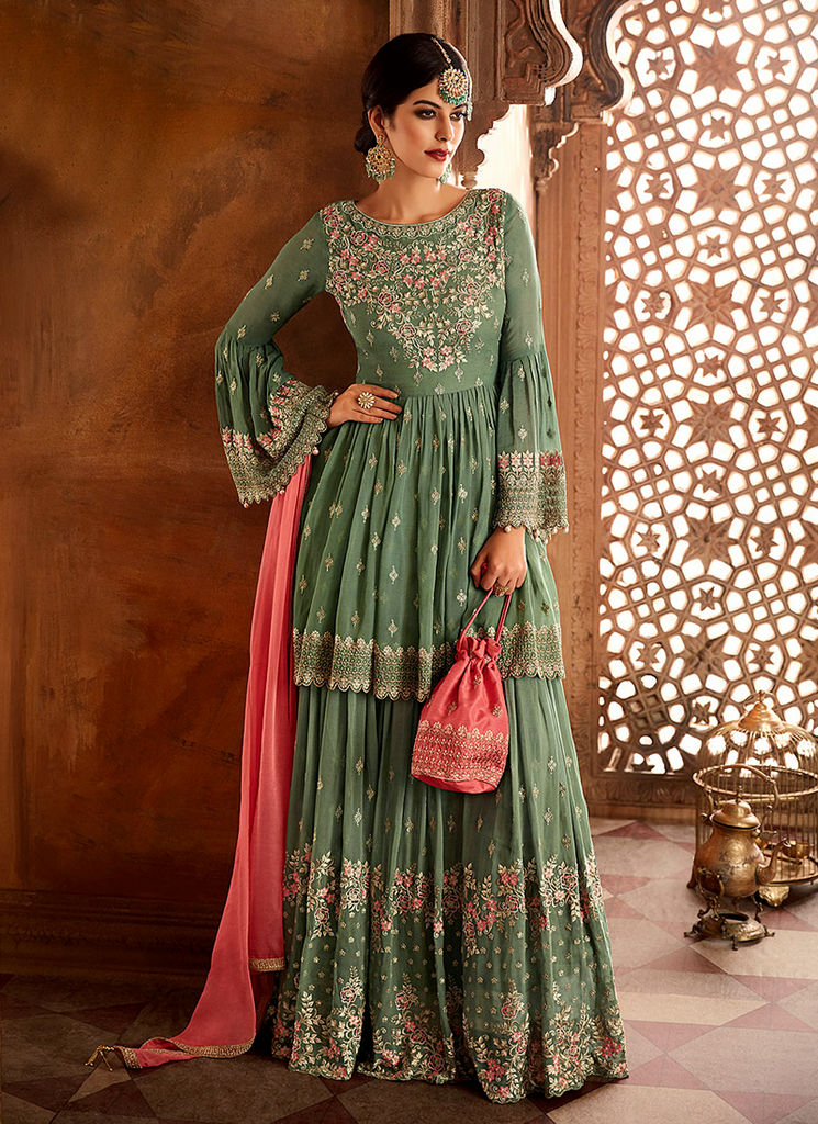 Sage Green & Coral Pink Designer Heavy Embroidered Georgette Sharara Suit-Saira's Boutique
