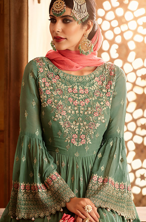 Sage Green & Coral Pink Designer Heavy Embroidered Georgette Sharara Suit-Saira's Boutique