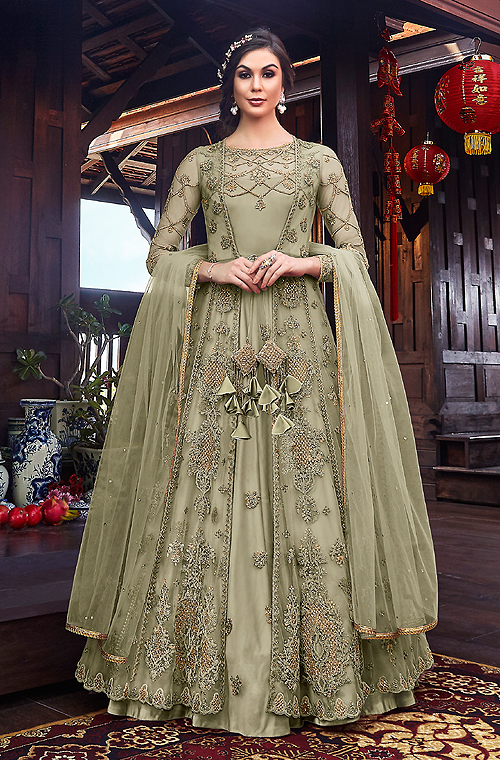 Sage Green Designer Embroidered Satin Bridal Anarkali Gown-Saira's Boutique