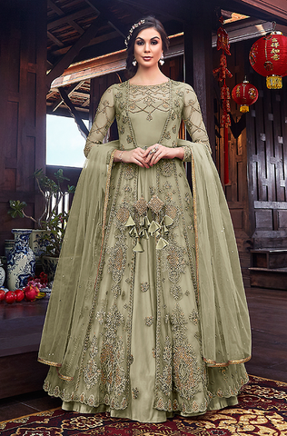 Gray Mauve Designer Heavy Embroidered Wedding Anarkali Gown