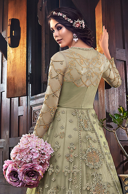 Sage Gray Designer Heavy Embroidered Net Wedding Anarkali Gown | Saira's  Boutique