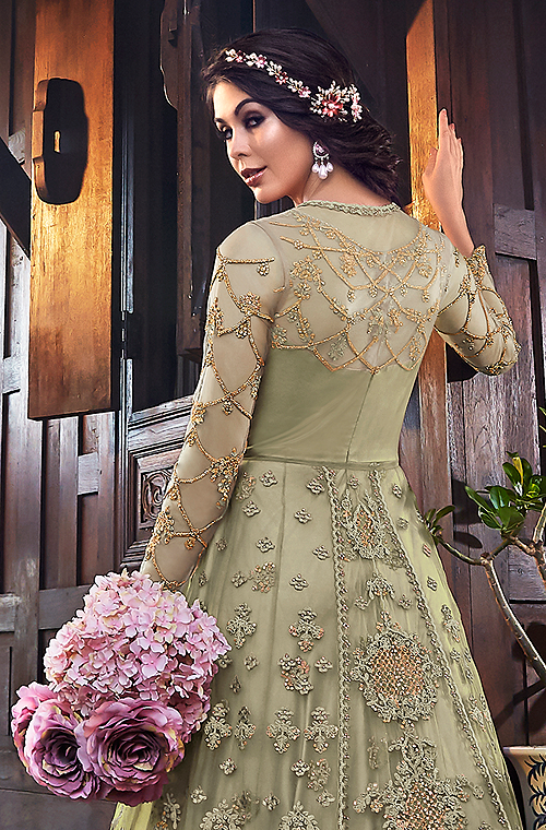 Sage Green Designer Embroidered Satin Bridal Anarkali Gown-Saira's Boutique
