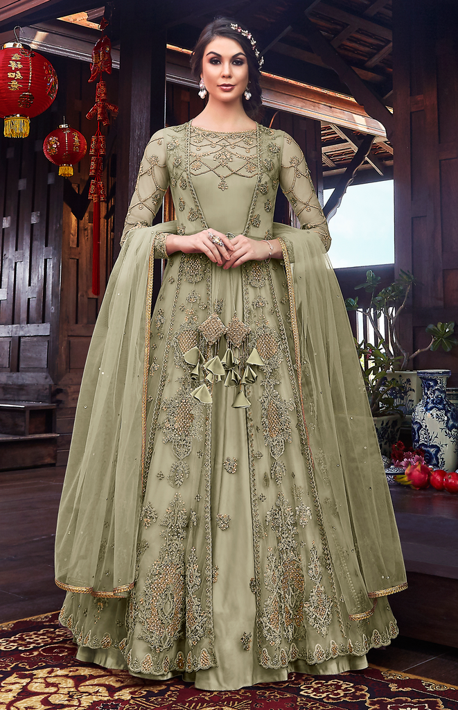 Sage Green Designer Embroidered Satin Bridal Anarkali Gown-Saira's Boutique