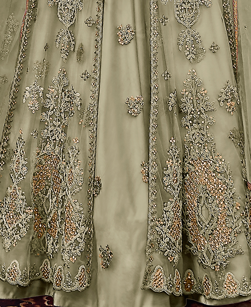 Sage Green Designer Embroidered Satin Bridal Anarkali Gown-Saira's Boutique