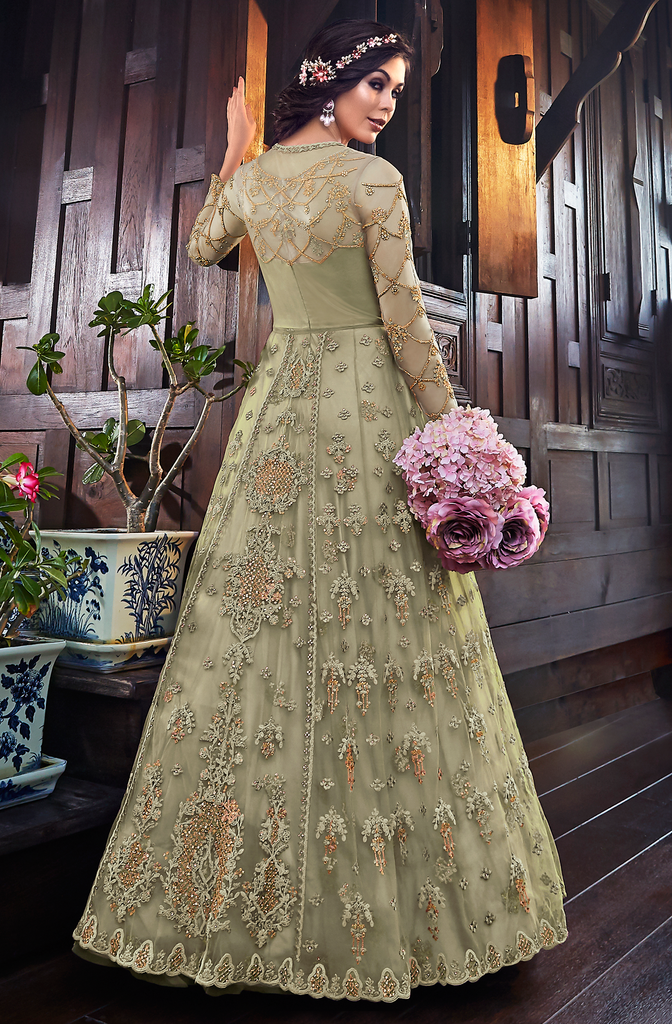 Sage Green Designer Embroidered Satin Bridal Anarkali Gown-Saira's Boutique