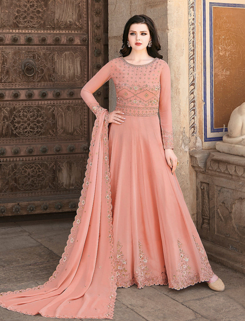 Pastel Peach Anarkali Gown set with matching dupatta - GetEthnic