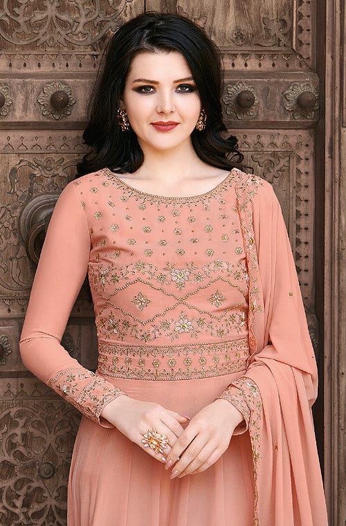 Salmon Peach Designer Embroidered Party Wear Anarkali Suit-Saira's Boutique