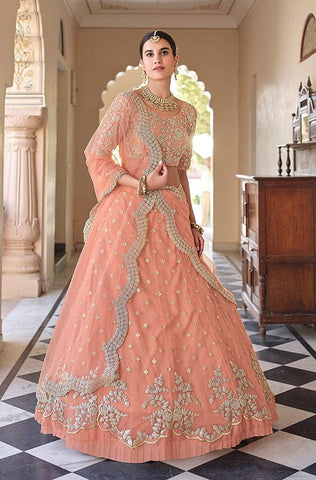 Rose Pink Designer Heavy Embroidered Net Wedding Lehenga