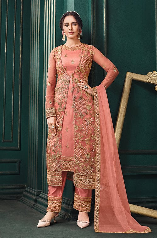 Salmon Pink Designer Embroidered Net Wedding Pant Suit