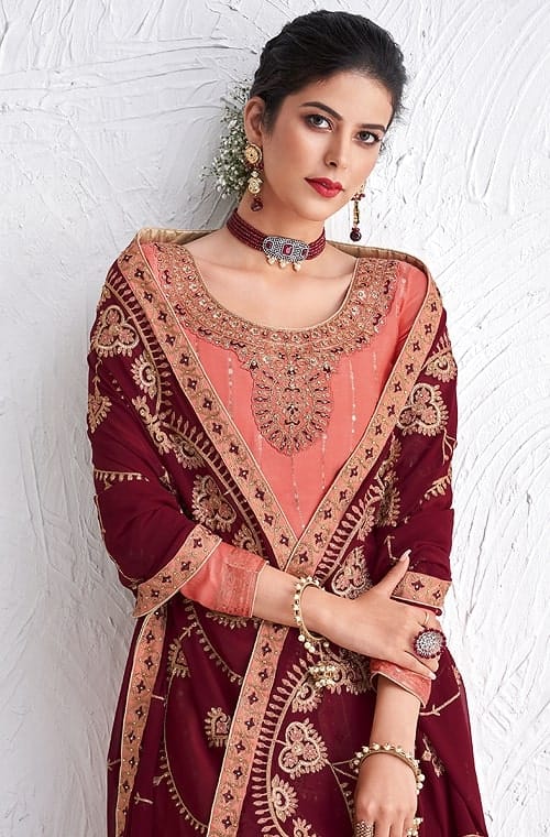 Salmon Pink & Dark Wine Designer Embroidered Silk Party Wear Palazzo Suit-Saira's Boutique
